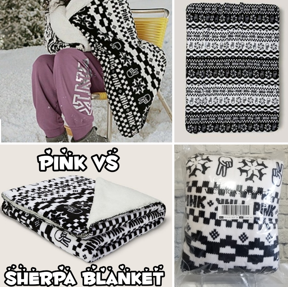 PINK Victoria's Secret Fair Isle Black and White Soft Sherpa Blanket Sealed New